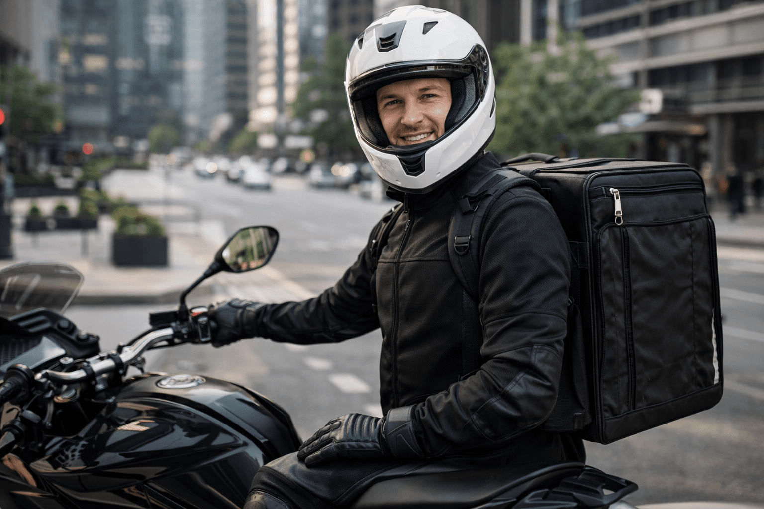 Evrak ve küçük paket taşıyan motorlu kurye hizmetini gösteren görsel